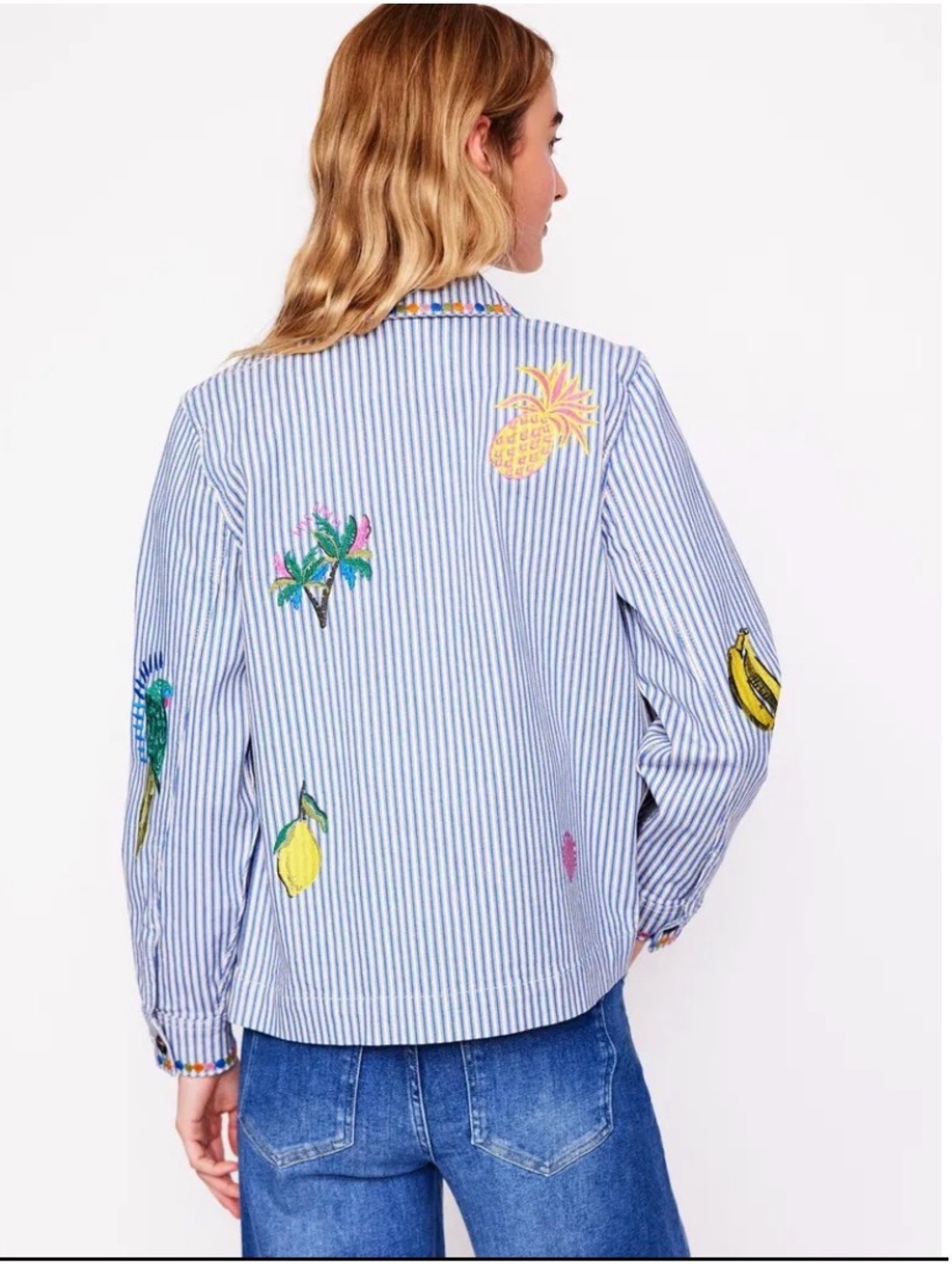 Boden Embroidered Utility Jacket Blue White Striped Tropical Women’s Size 10 - Picture 3 of 13